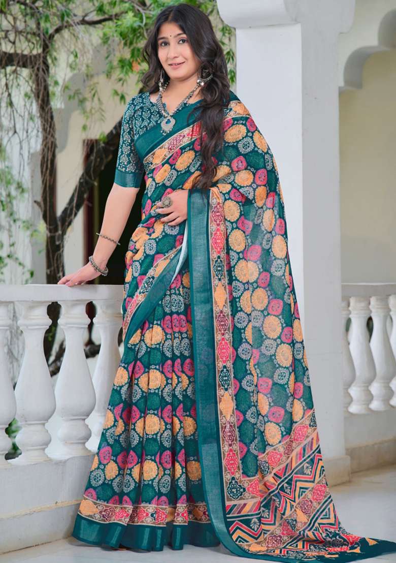 Multi Embroidered Cotton Saree Set - Indya