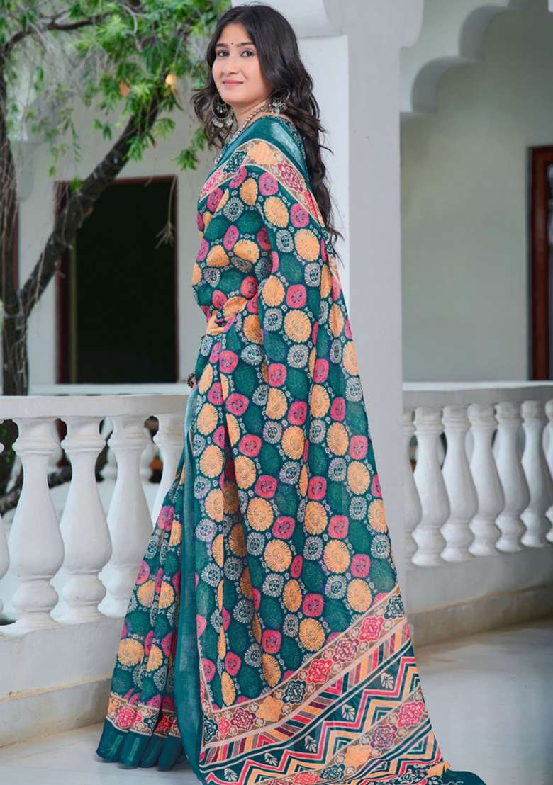 Multi Embroidered Cotton Saree Set - Indya