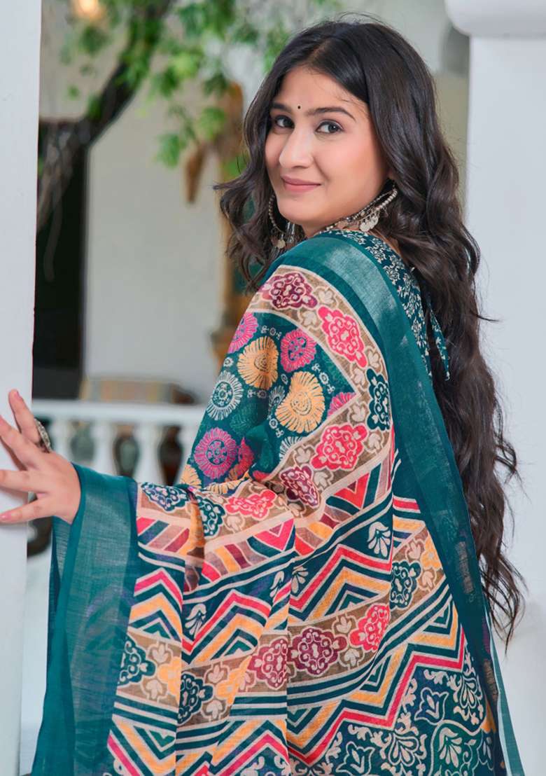 Multi Embroidered Cotton Saree Set - Indya