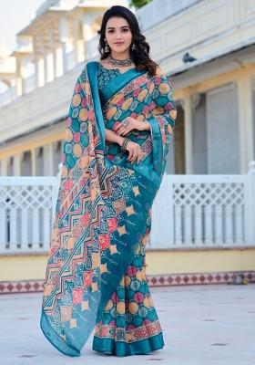 Multi Embroidered Cotton Saree Set