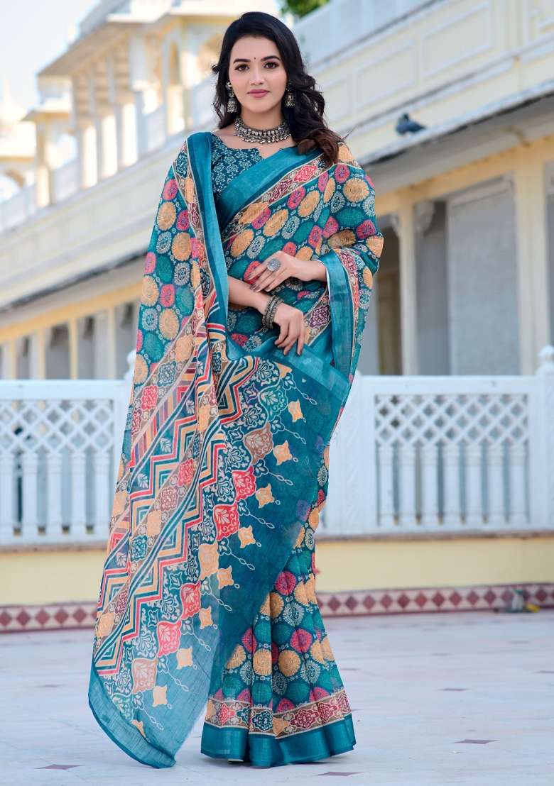 Multi Embroidered Cotton Saree Set - Indya