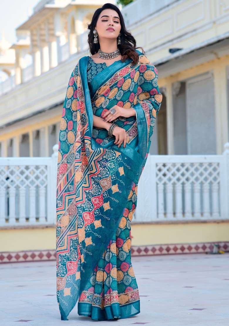 Multi Embroidered Cotton Saree Set - Indya
