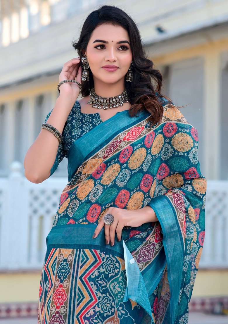 Multi Embroidered Cotton Saree Set - Indya