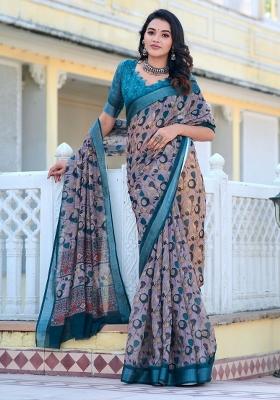 Grey Embroidered Cotton Saree Set