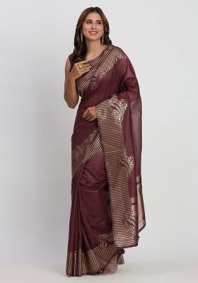 Purple Embroidered Cotton Saree Set