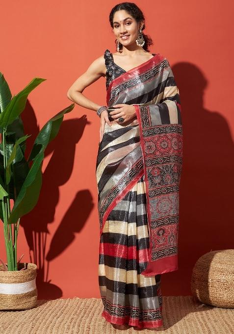 Multi Embroidered Tissue Saree Set