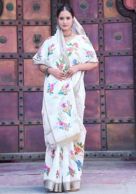 White Embroidered Cotton Saree Set