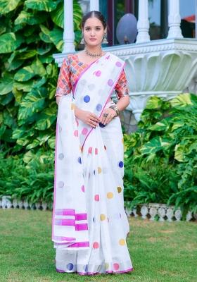 White Embroidered Cotton Saree Set