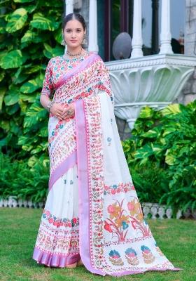 White Embroidered Cotton Saree Set