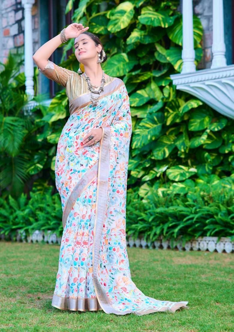 Multi Embroidered Cotton Saree Set - Indya