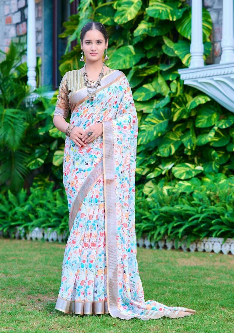 Multi Embroidered Cotton Saree Set - Indya