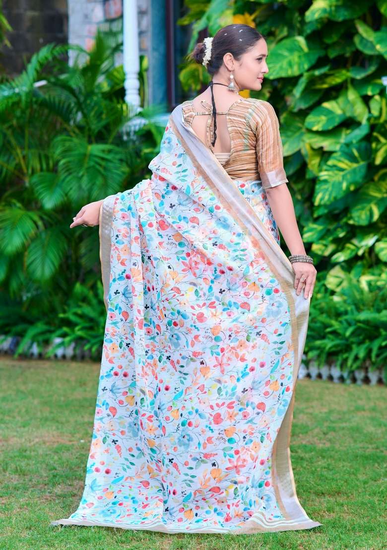 Multi Embroidered Cotton Saree Set - Indya