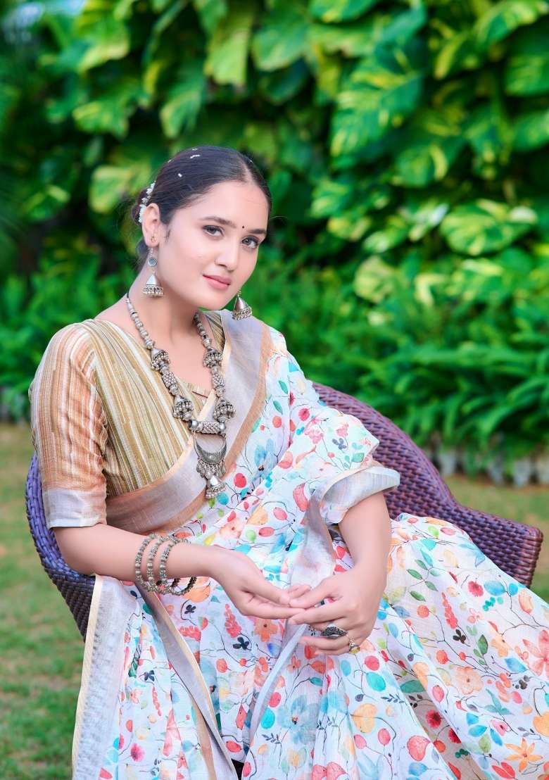 Multi Embroidered Cotton Saree Set - Indya