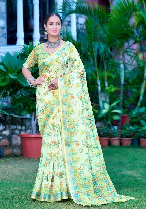 Green Embroidered Cotton Saree Set