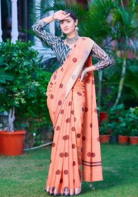 Peach Embroidered Cotton Saree Set