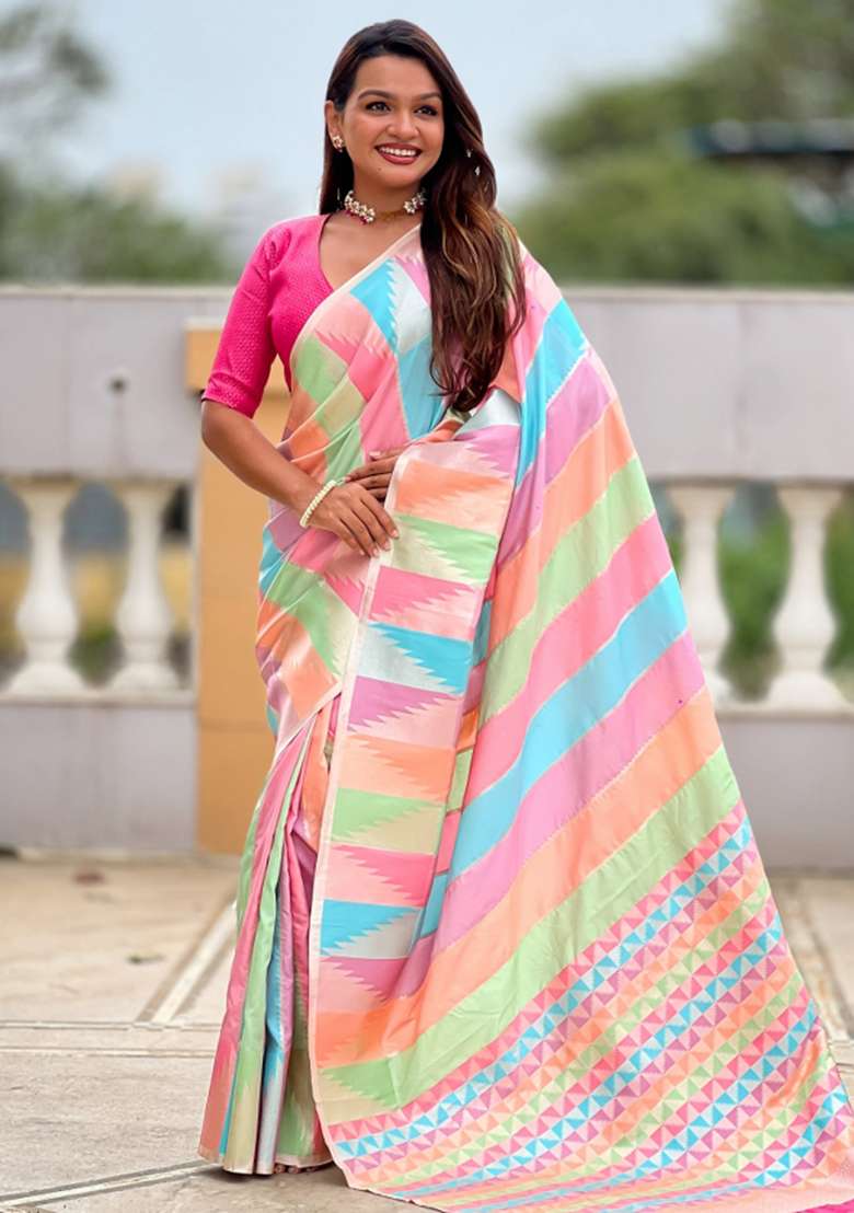 Multi Embroidered Silk Saree Set - Indya