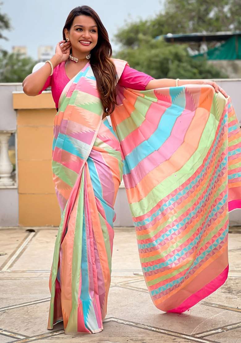 Multi Embroidered Silk Saree Set - Indya