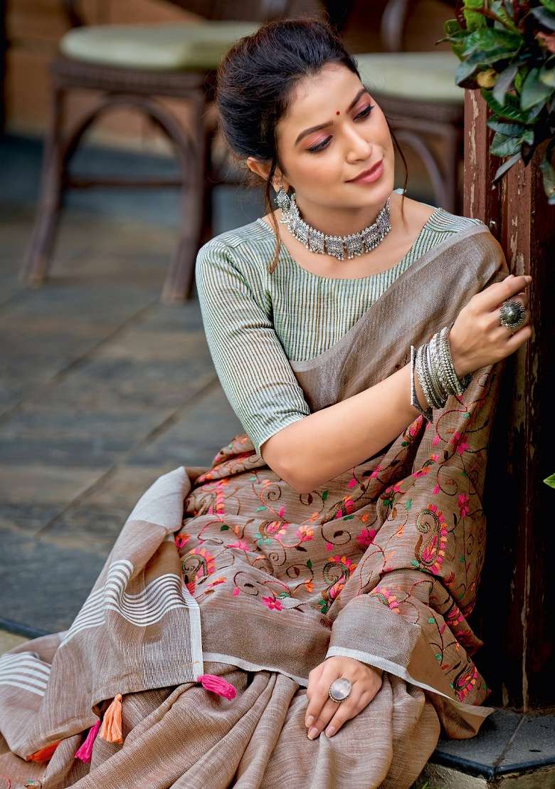 Brown Embroidered Linen Saree Set - Indya