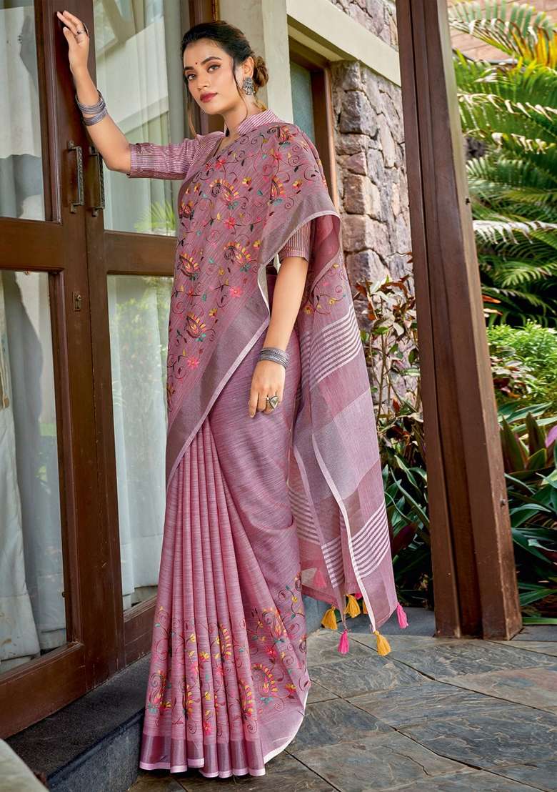 Purple Embroidered Linen Saree Set - Indya
