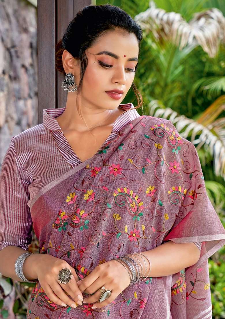 Purple Embroidered Linen Saree Set - Indya