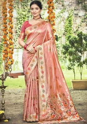 Peach Embroidered Silk Saree Set