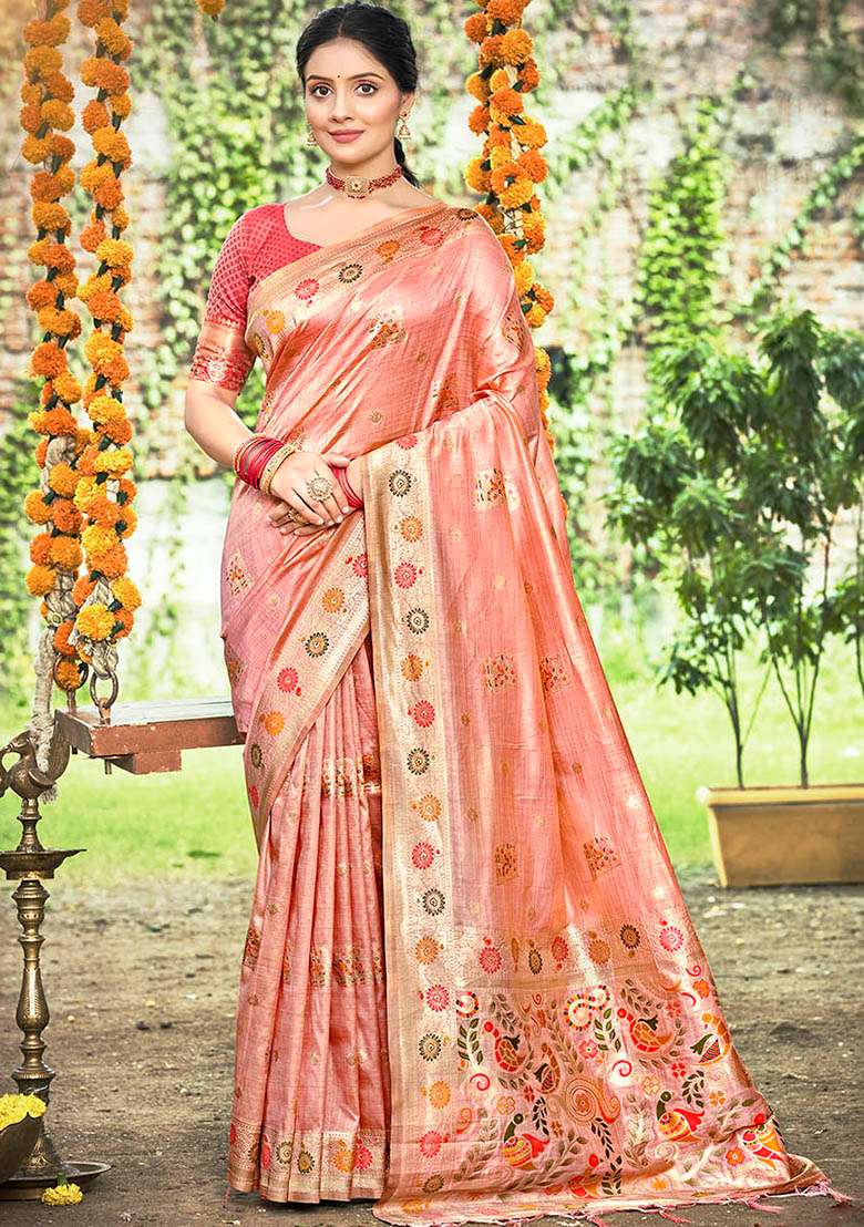 Peach Embroidered Silk Saree Set - Indya