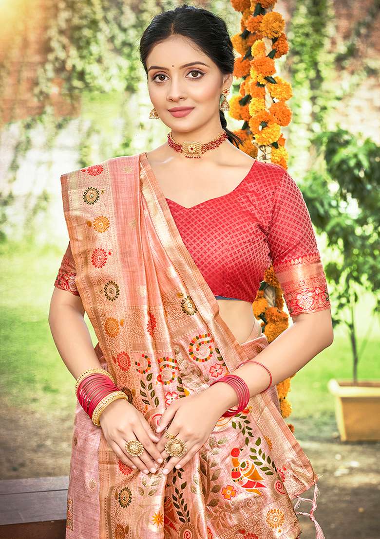 Peach Embroidered Silk Saree Set - Indya