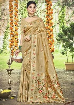 Beige Embroidered Silk Saree Set