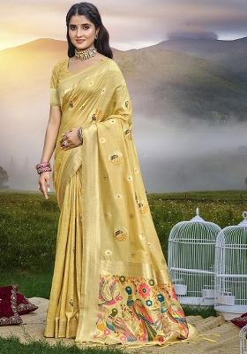 Yellow Embroidered Silk Saree Set