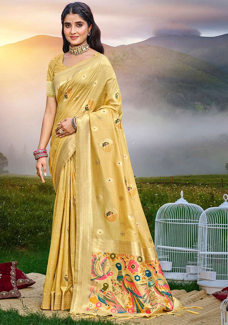 Yellow Embroidered Silk Saree Set - Indya