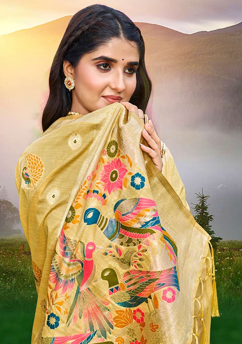 Yellow Embroidered Silk Saree Set - Indya
