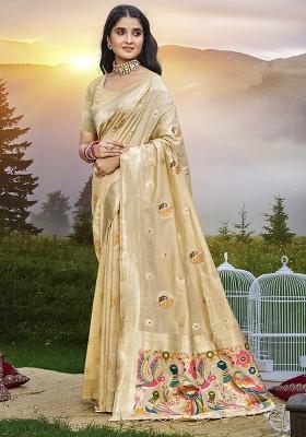 Beige Embroidered Silk Saree Set