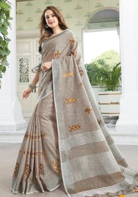 Beige Embroidered Linen Saree Set