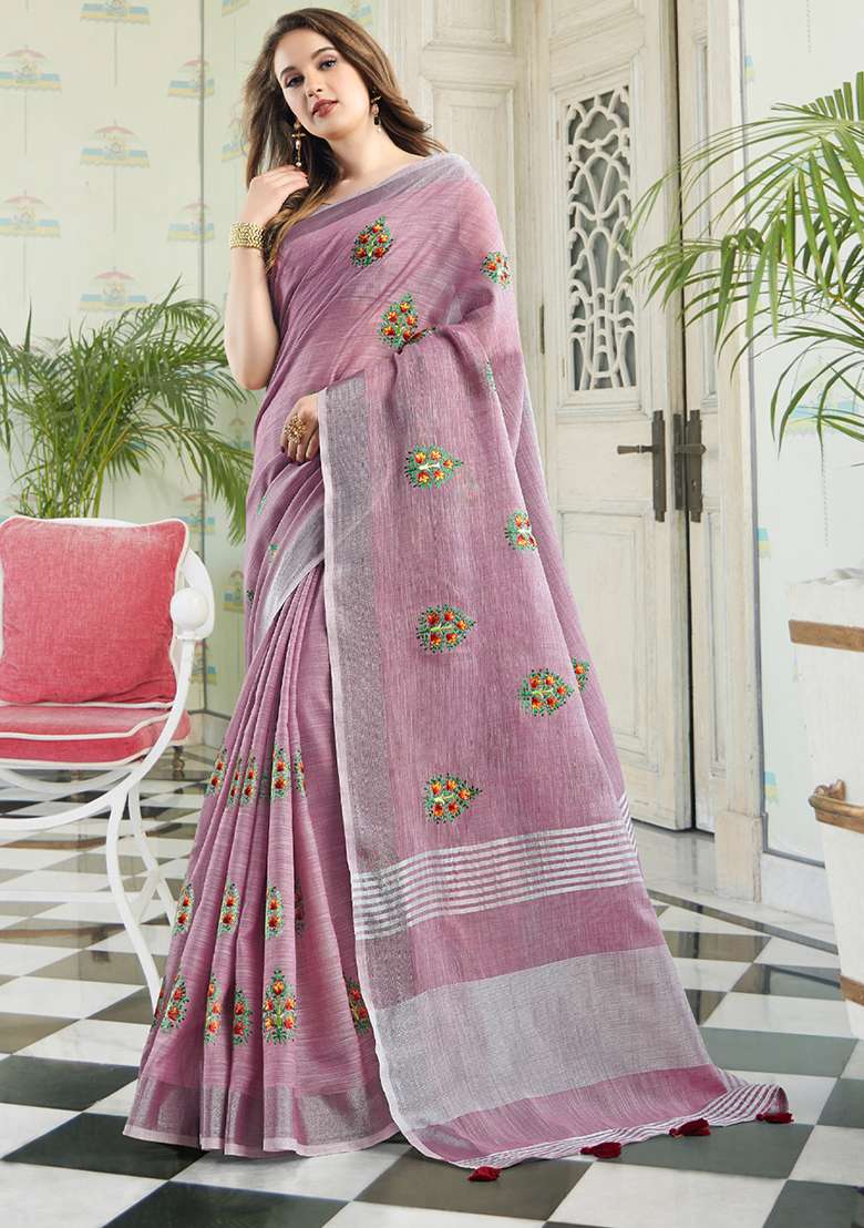 Purple Embroidered Linen Saree Set - Indya