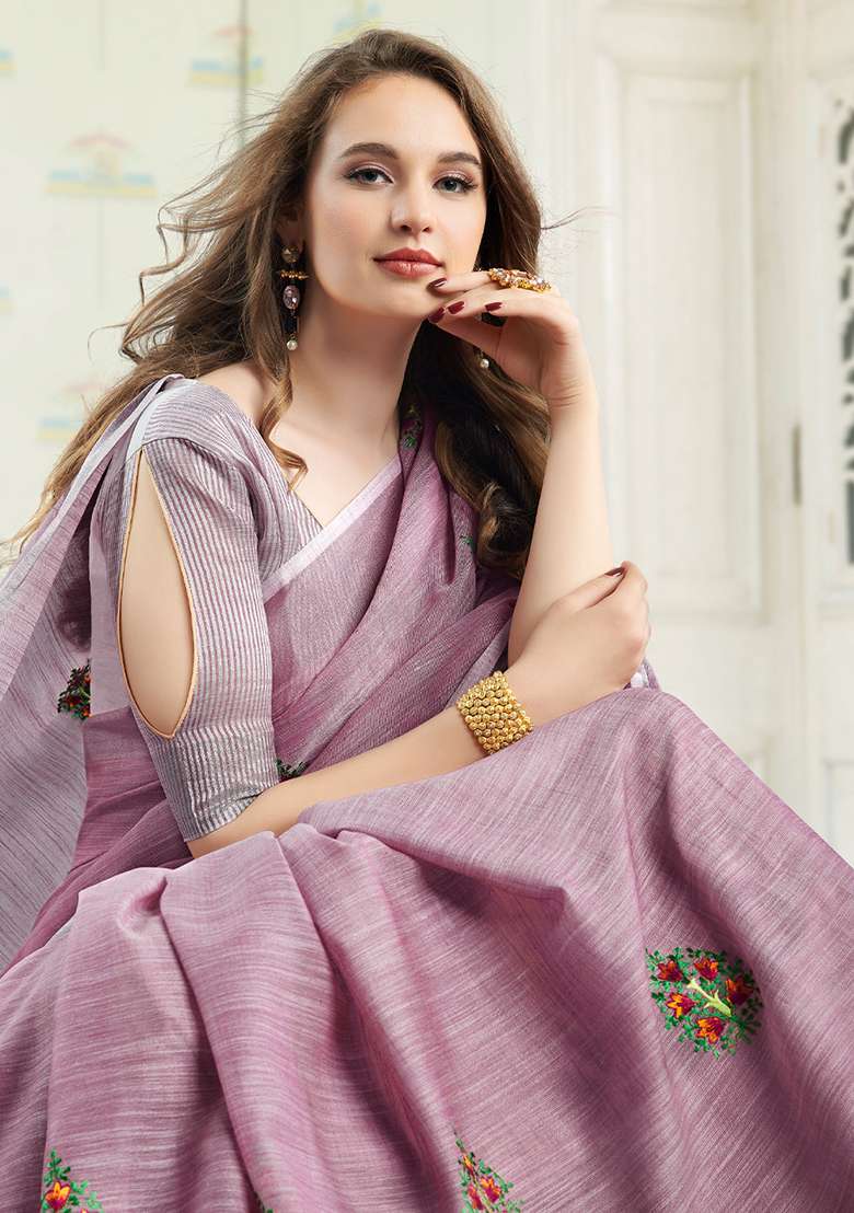 Purple Embroidered Linen Saree Set - Indya
