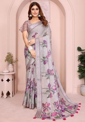 Grey Embroidered Cotton Saree Set