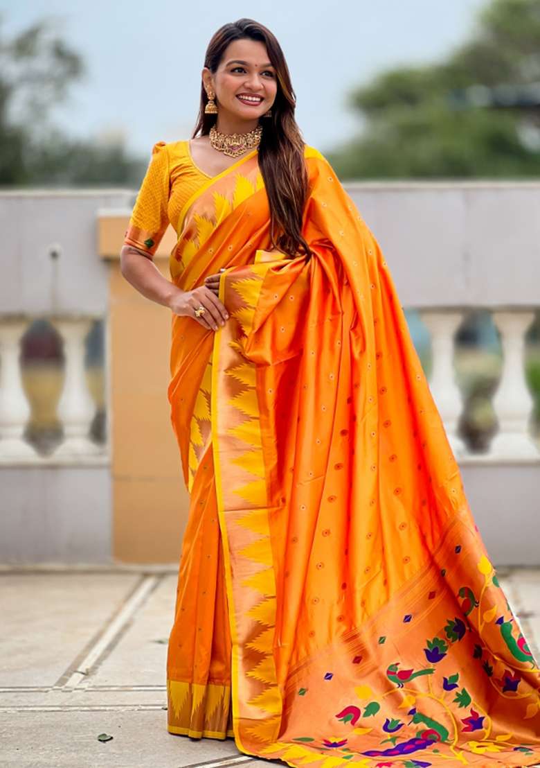 Orange Embroidered Silk Saree Set - Indya