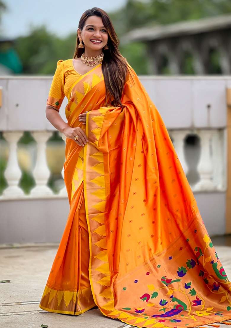 Orange Embroidered Silk Saree Set - Indya