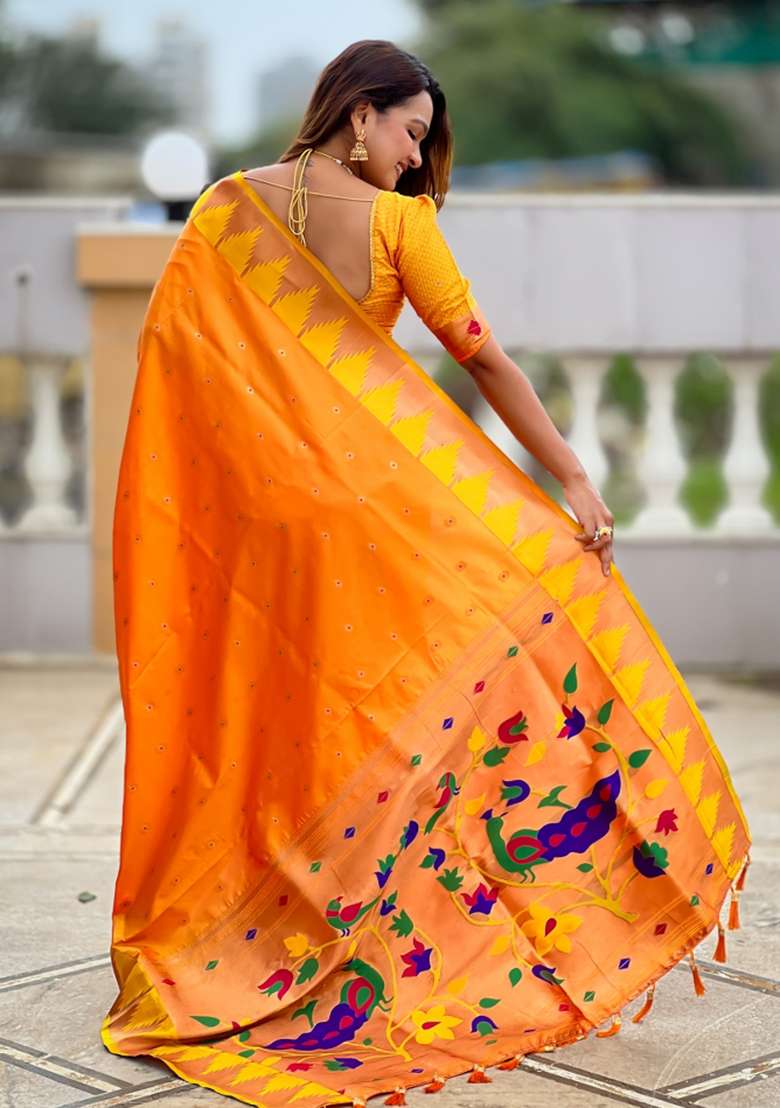 Orange Embroidered Silk Saree Set - Indya