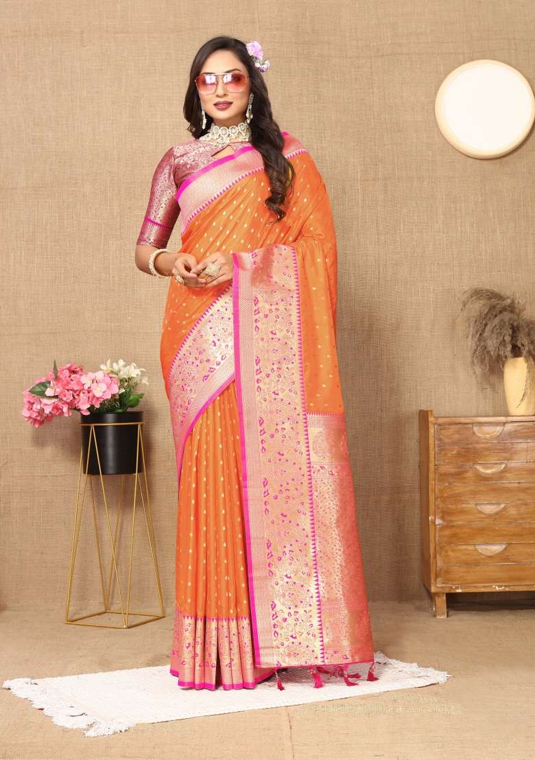 Orange Embroidered Silk Saree Set - Indya