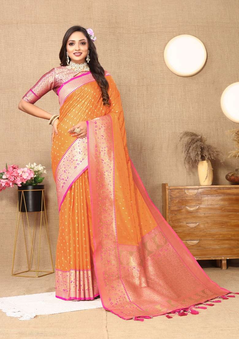 Orange Embroidered Silk Saree Set - Indya