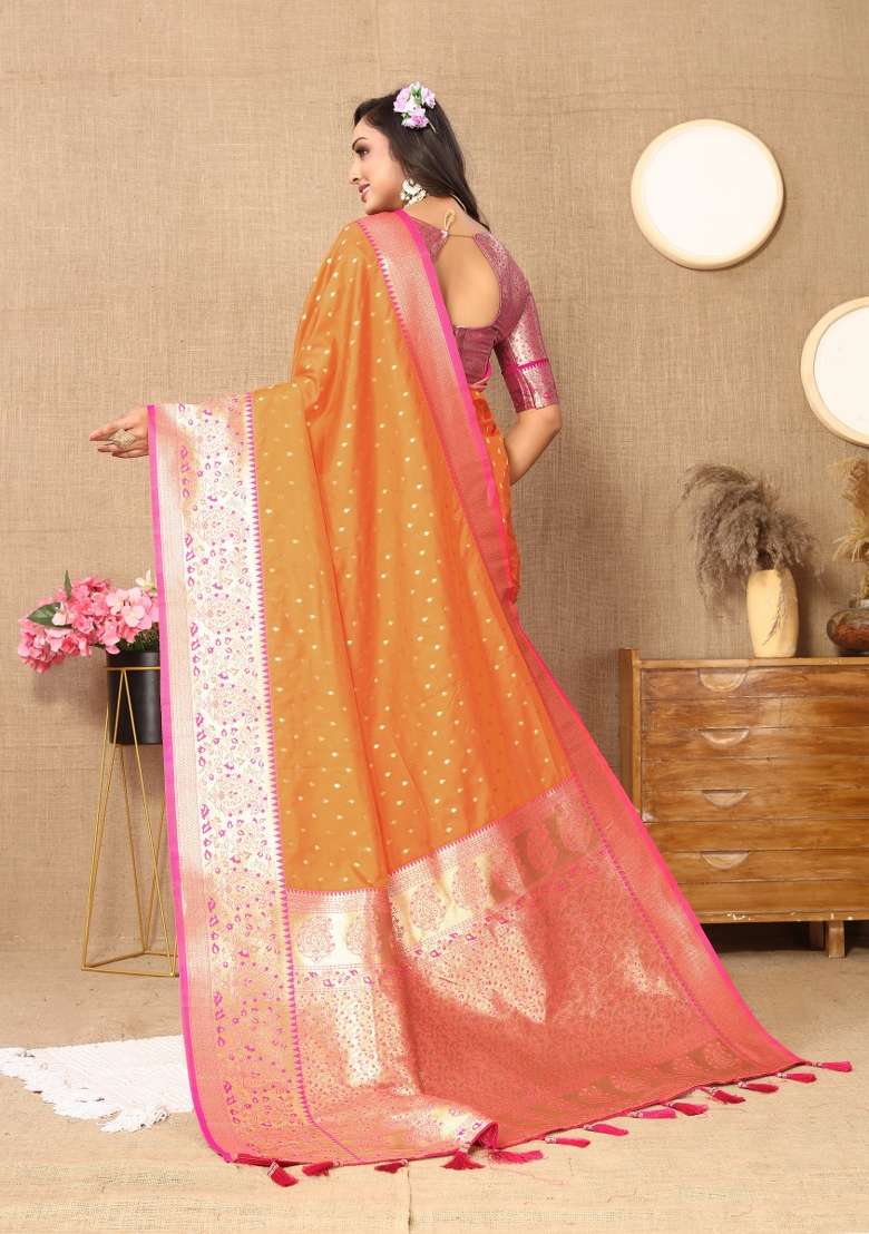 Orange Embroidered Silk Saree Set - Indya