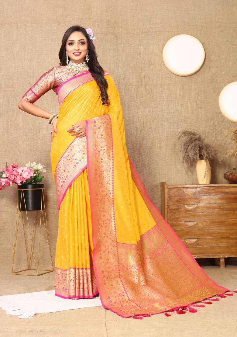 Yellow Embroidered Silk Saree Set - Indya