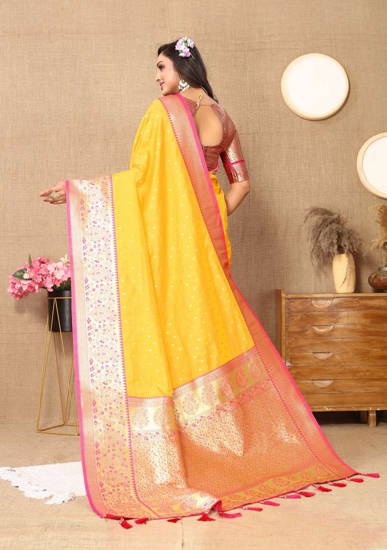 Yellow Embroidered Silk Saree Set - Indya