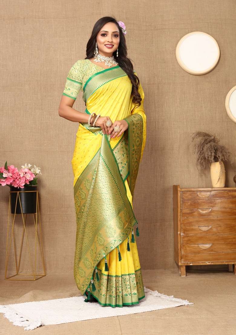 Yellow Embroidered Silk Saree Set - Indya