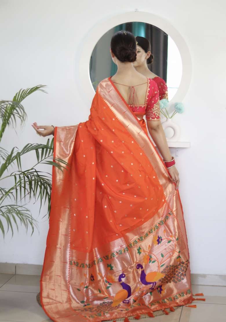 Orange Embroidered Silk Saree Set - Indya