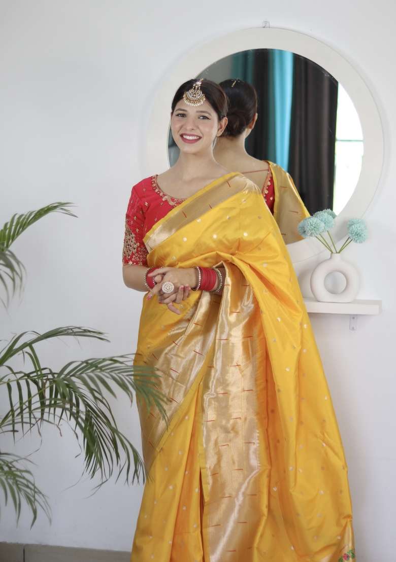 Yellow Embroidered Silk Saree Set - Indya