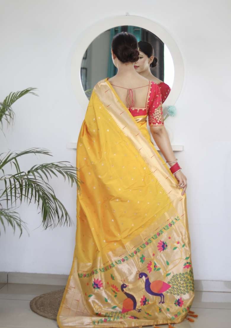 Yellow Embroidered Silk Saree Set - Indya