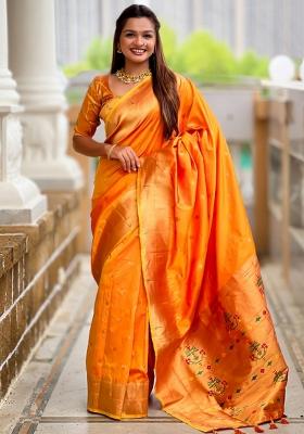 Orange Embroidered Silk Saree Set