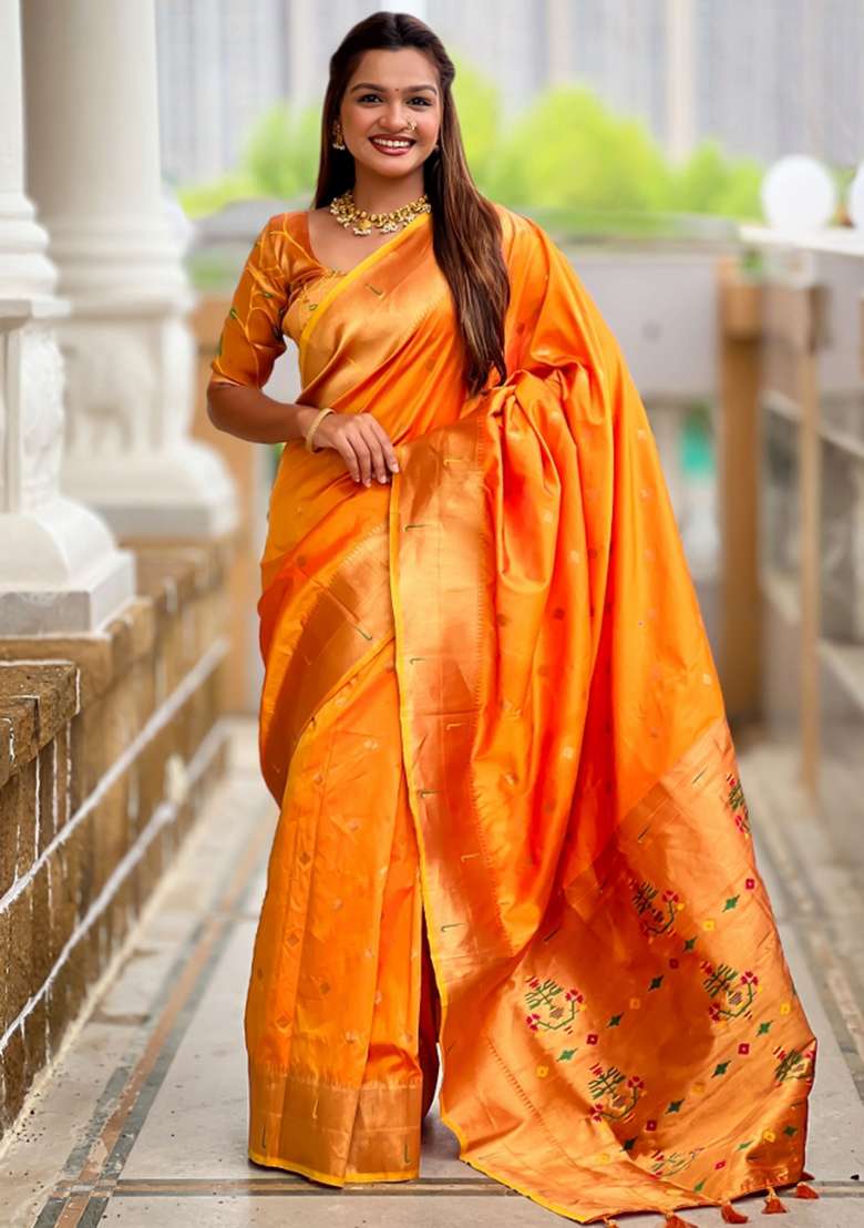 Orange Embroidered Silk Saree Set - Indya